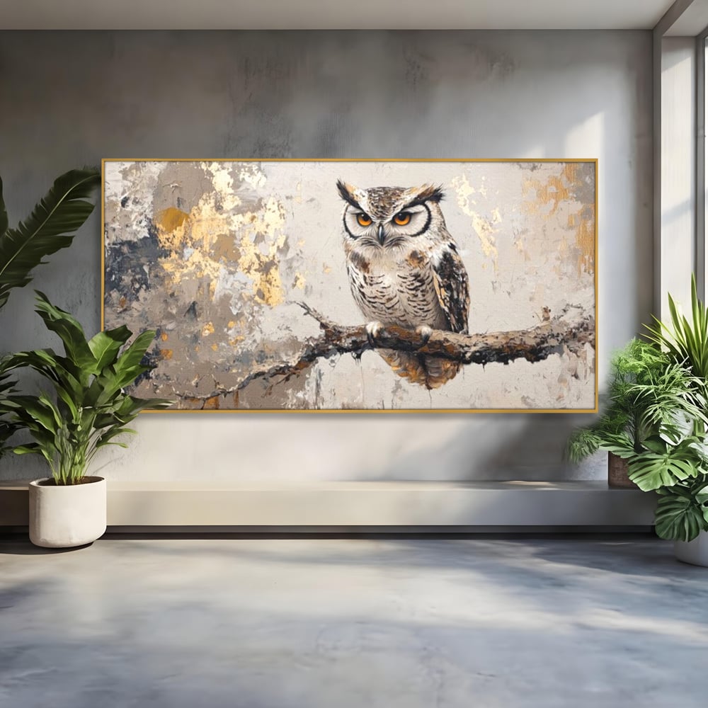 Tablou canvas cu tablou canvas cu bufnita pe ramura, in rama de aluminiu auriu